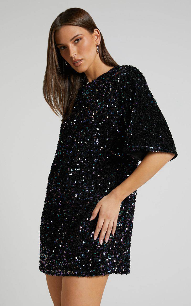 Showpo Valetta Mini Dress - Sequin Low Back Shift Dress Midnight Blue Sequin | ENWPQA832