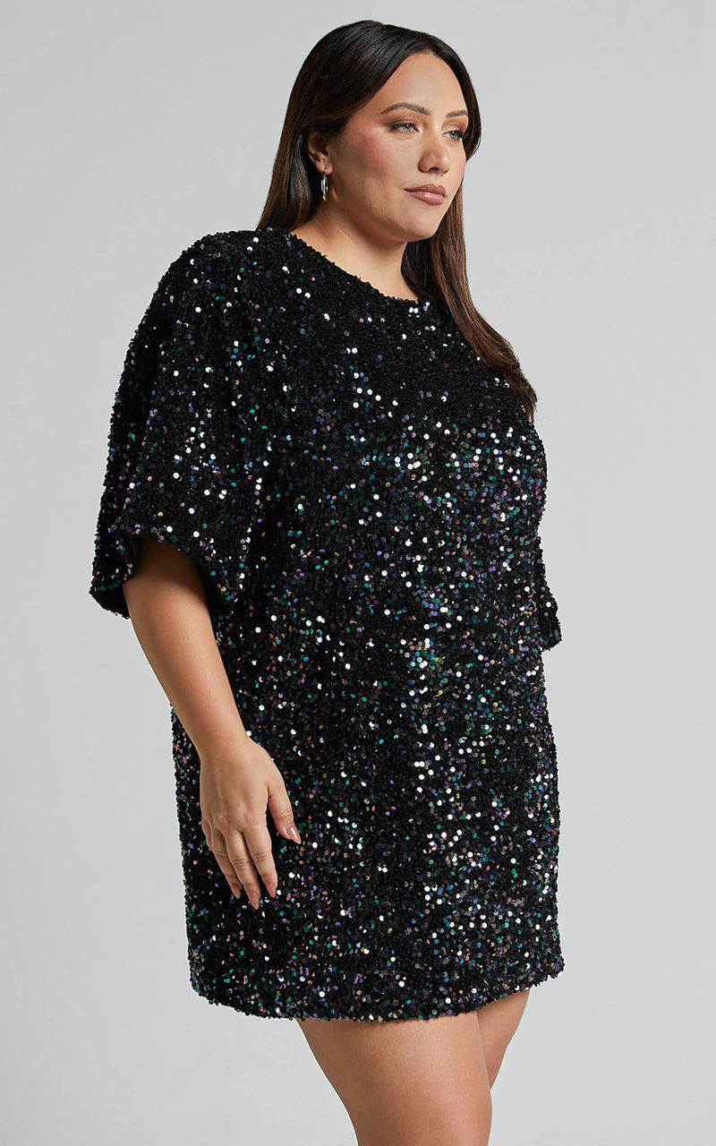 Showpo Valetta Mini Dress - Sequin Low Back Shift Dress Midnight Blue Sequin | ENWPQA832