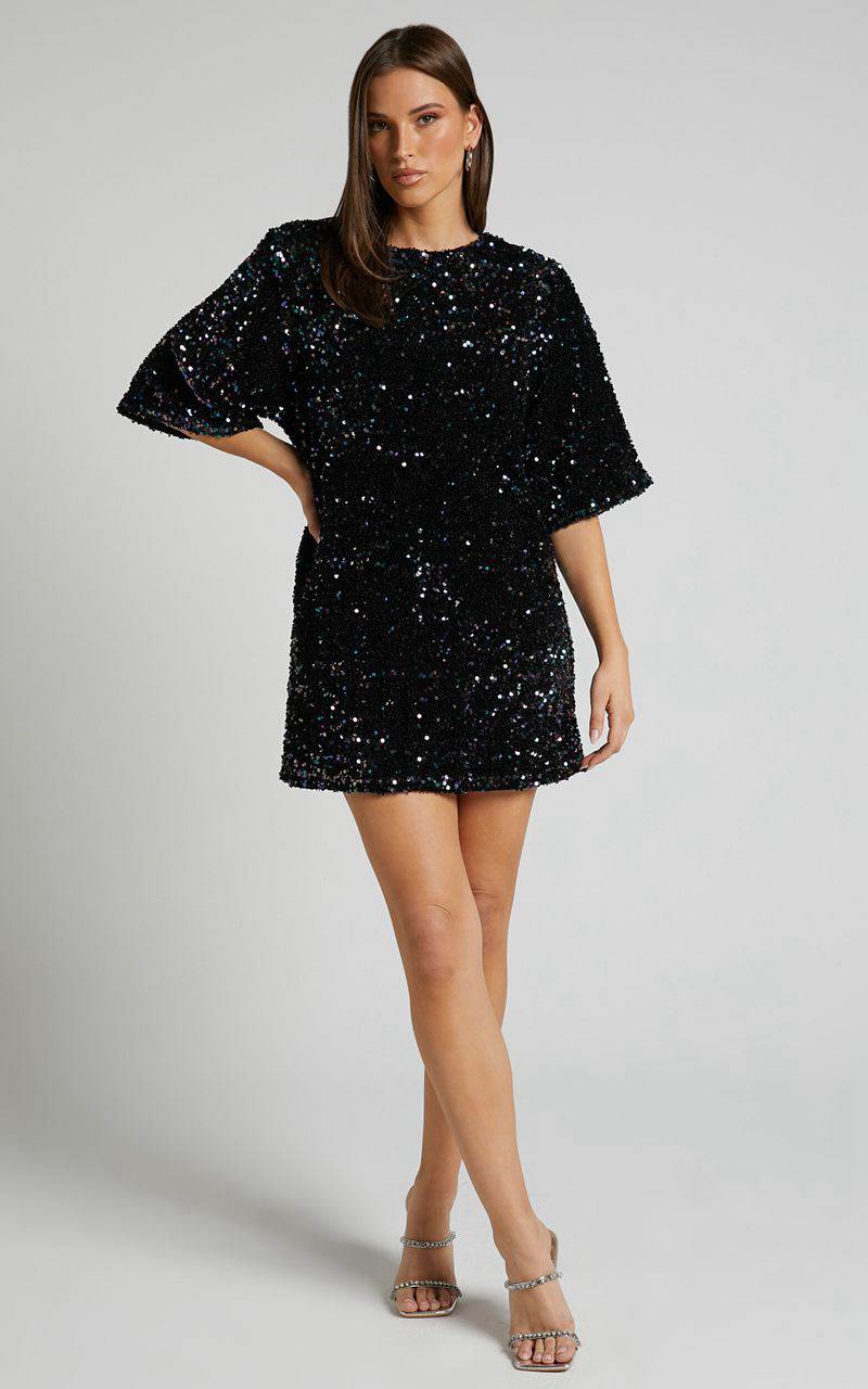 Showpo Valetta Mini Dress - Sequin Low Back Shift Dress Midnight Blue Sequin | ENWPQA832