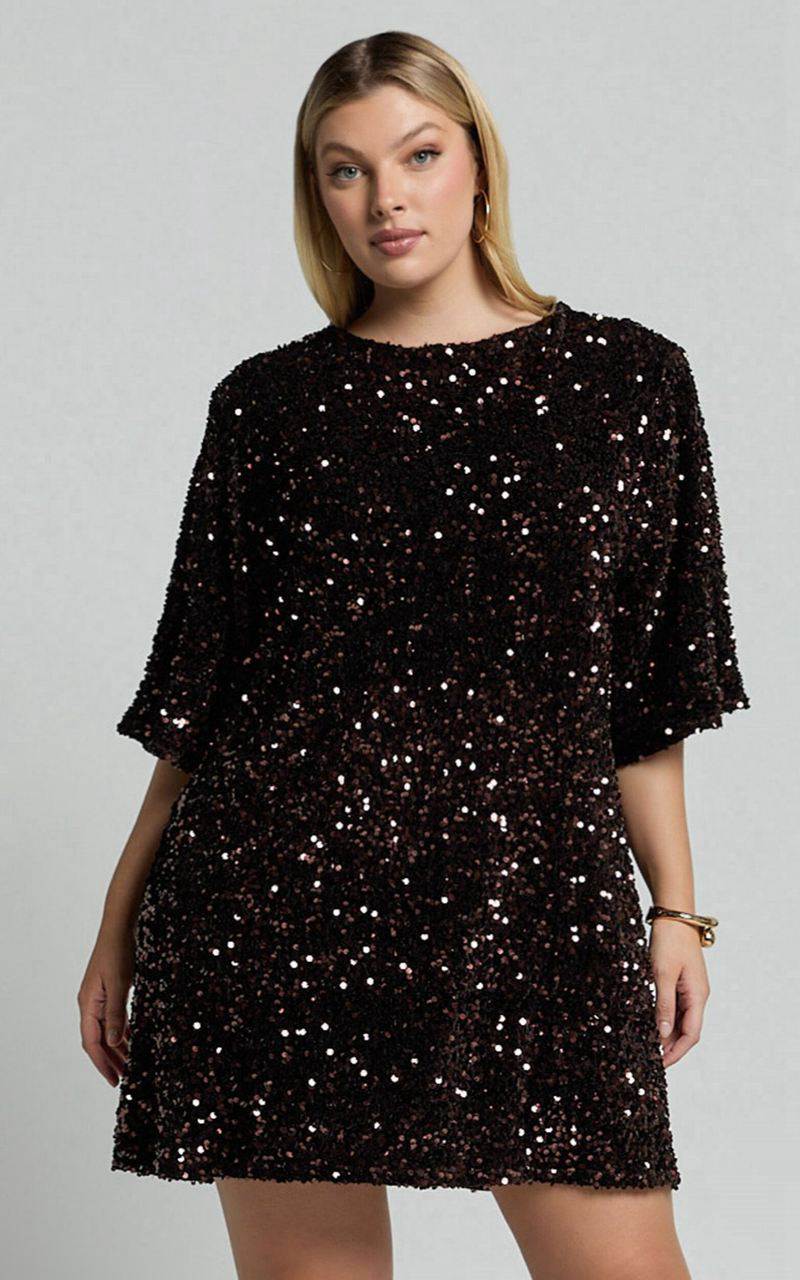 Showpo Valetta Mini Dress - Sequin Low Back Shift Dress Chocolate | ETFSMU365