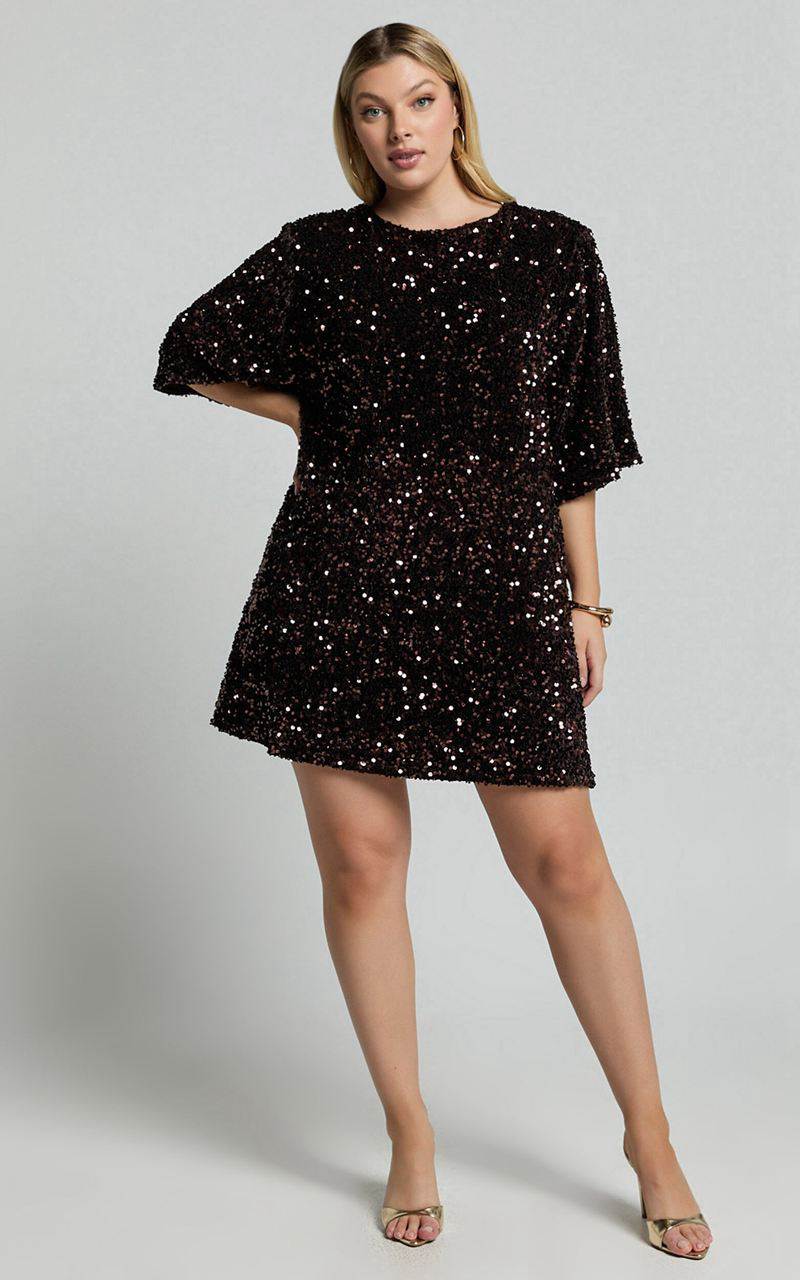 Showpo Valetta Mini Dress - Sequin Low Back Shift Dress Chocolate | ETFSMU365