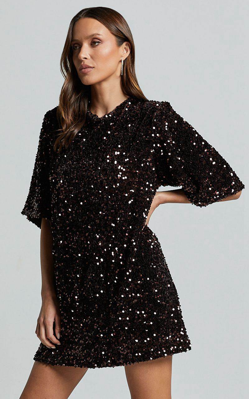 Showpo Valetta Mini Dress - Sequin Low Back Shift Dress Chocolate | ETFSMU365