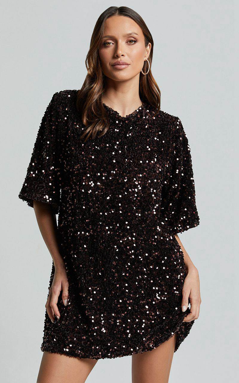 Showpo Valetta Mini Dress - Sequin Low Back Shift Dress Chocolate | ETFSMU365