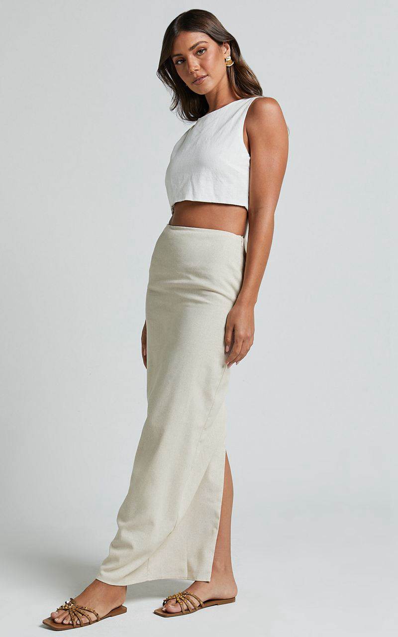 Showpo Vance Maxi Skirt - Linen Look Back Split Skirt Oat | GRAYJB819