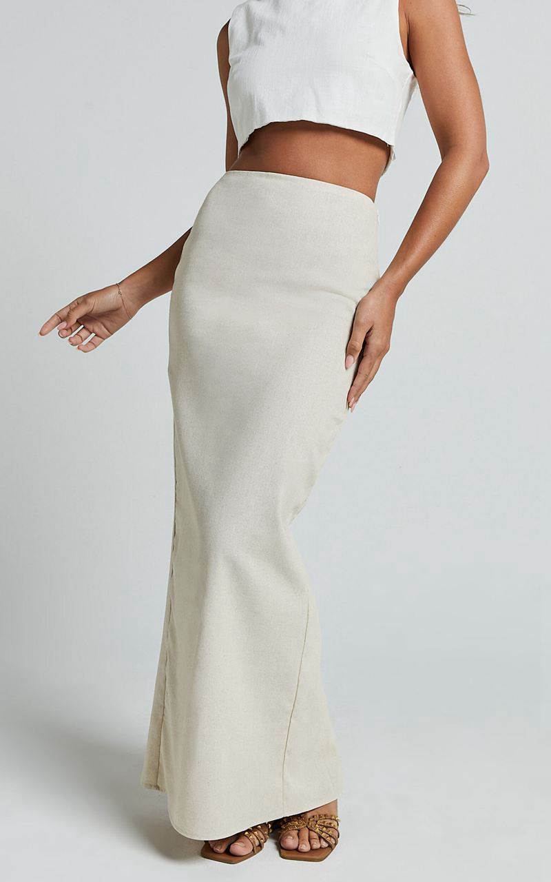 Showpo Vance Maxi Skirt - Linen Look Back Split Skirt Oat | GRAYJB819