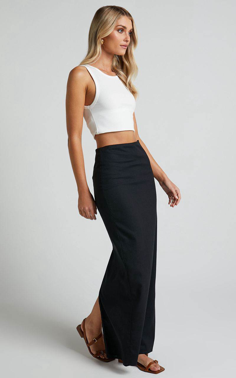 Showpo Vance Maxi Skirt - Linen Look Back Split Skirt Black | LKEATS364