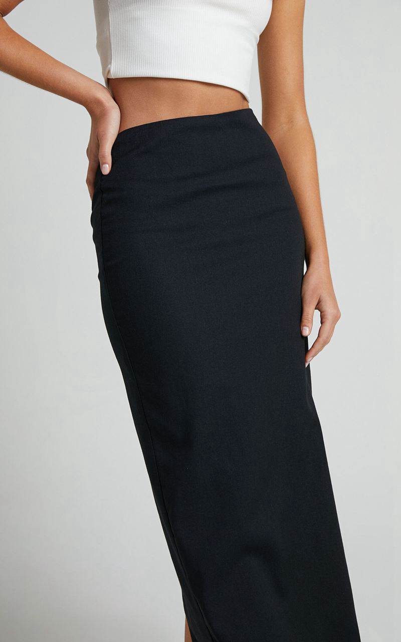 Showpo Vance Maxi Skirt - Linen Look Back Split Skirt Black | LKEATS364