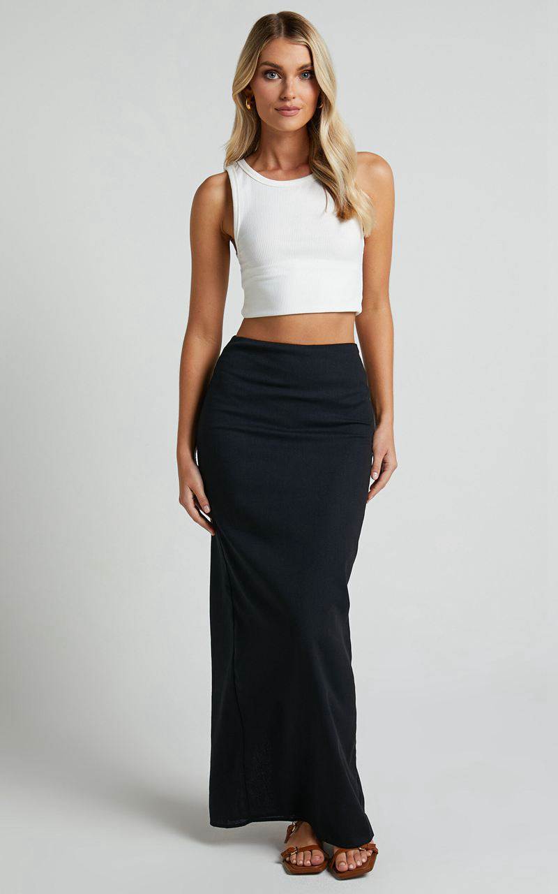 Showpo Vance Maxi Skirt - Linen Look Back Split Skirt Black | LKEATS364