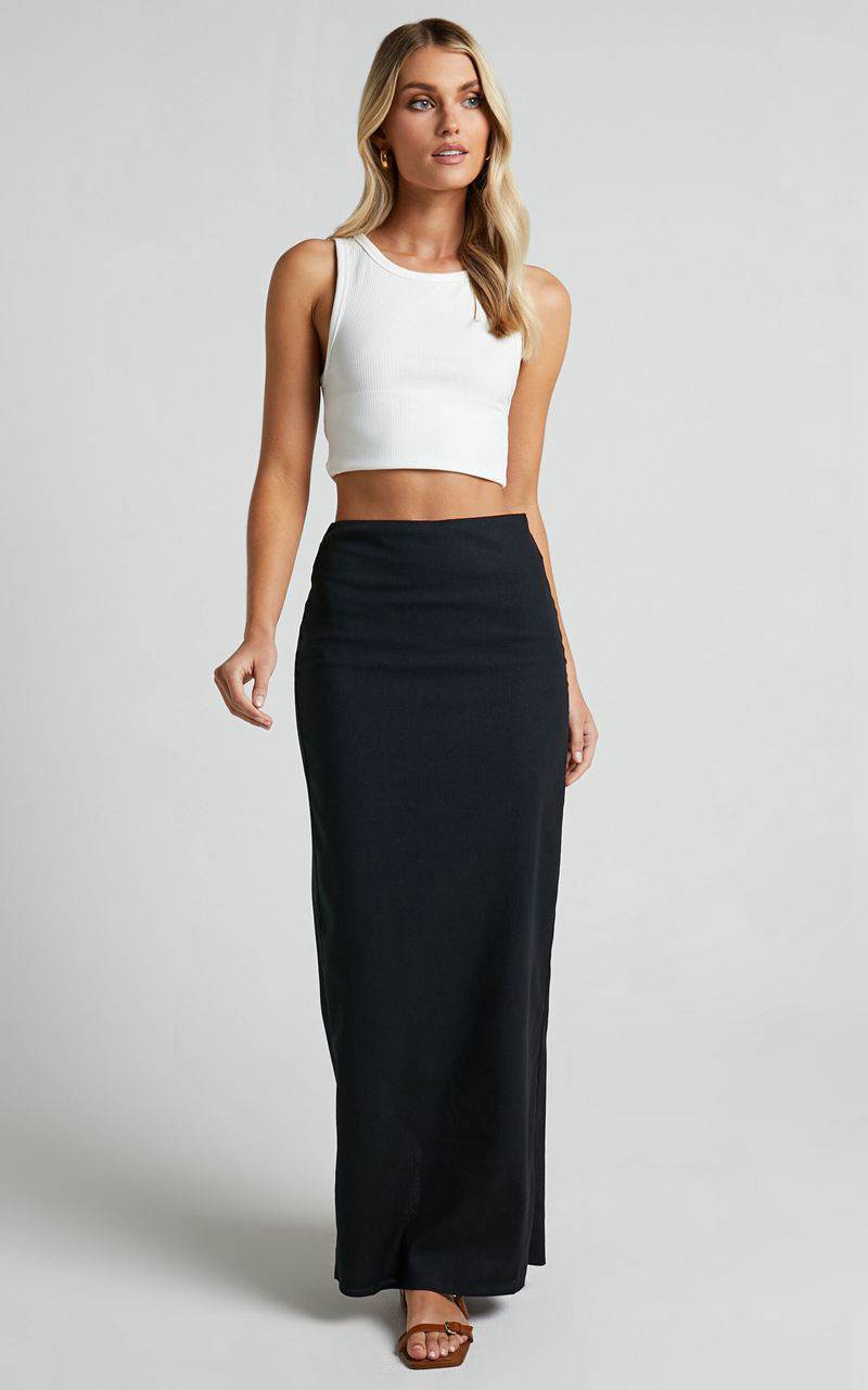 Showpo Vance Maxi Skirt - Linen Look Back Split Skirt Black | LKEATS364