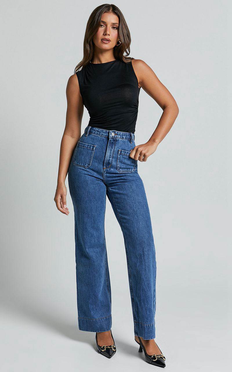 Showpo Vancouver Jeans - High Waist Straight Leg Patch Pocket Denim Jeans Mid Blue Wash | BCUZAY504