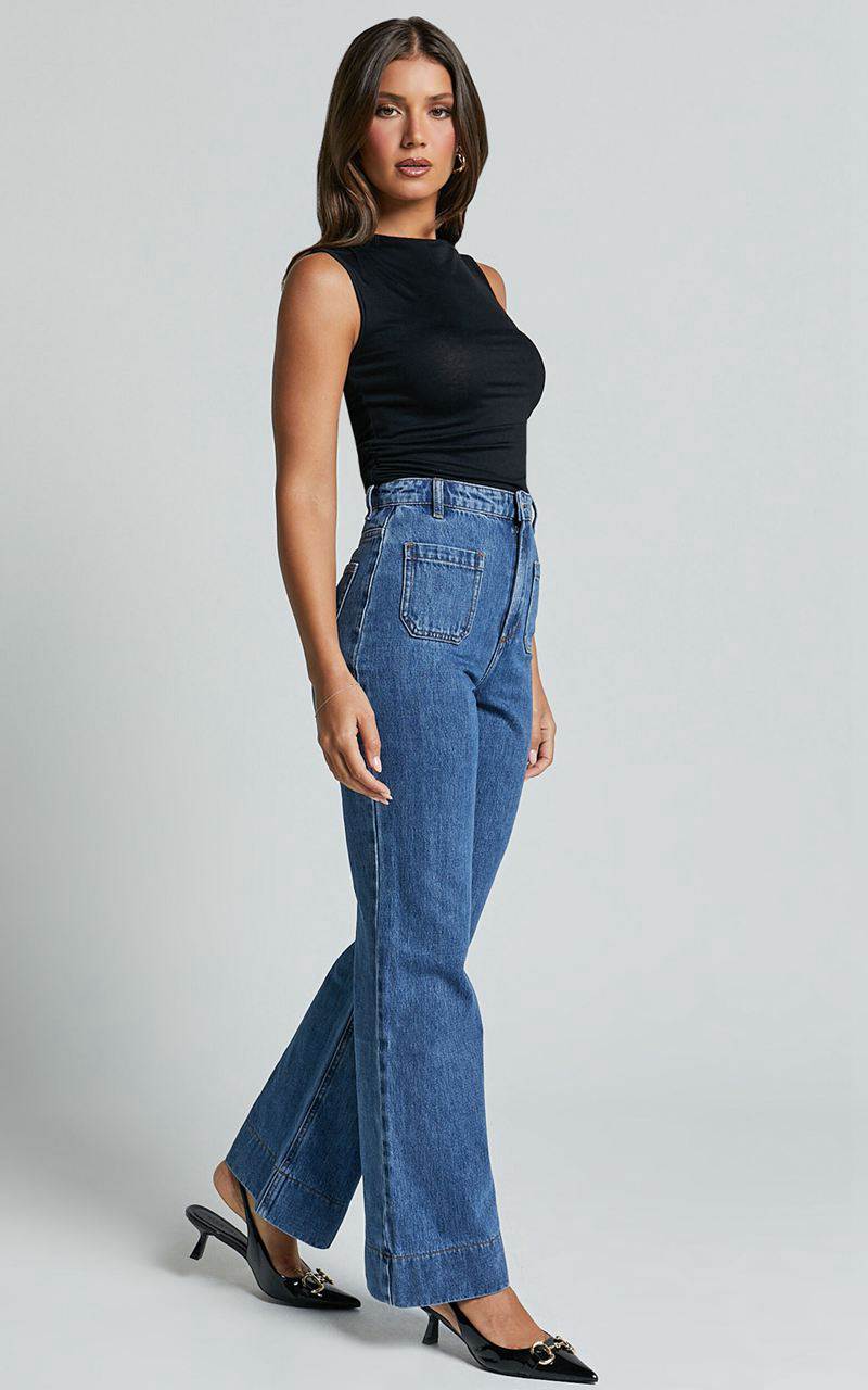 Showpo Vancouver Jeans - High Waist Straight Leg Patch Pocket Denim Jeans Mid Blue Wash | BCUZAY504