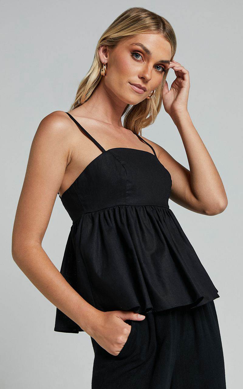 Showpo Vanessa Top - Linen Look Strappy Babydoll Top Black | CTJVEX735