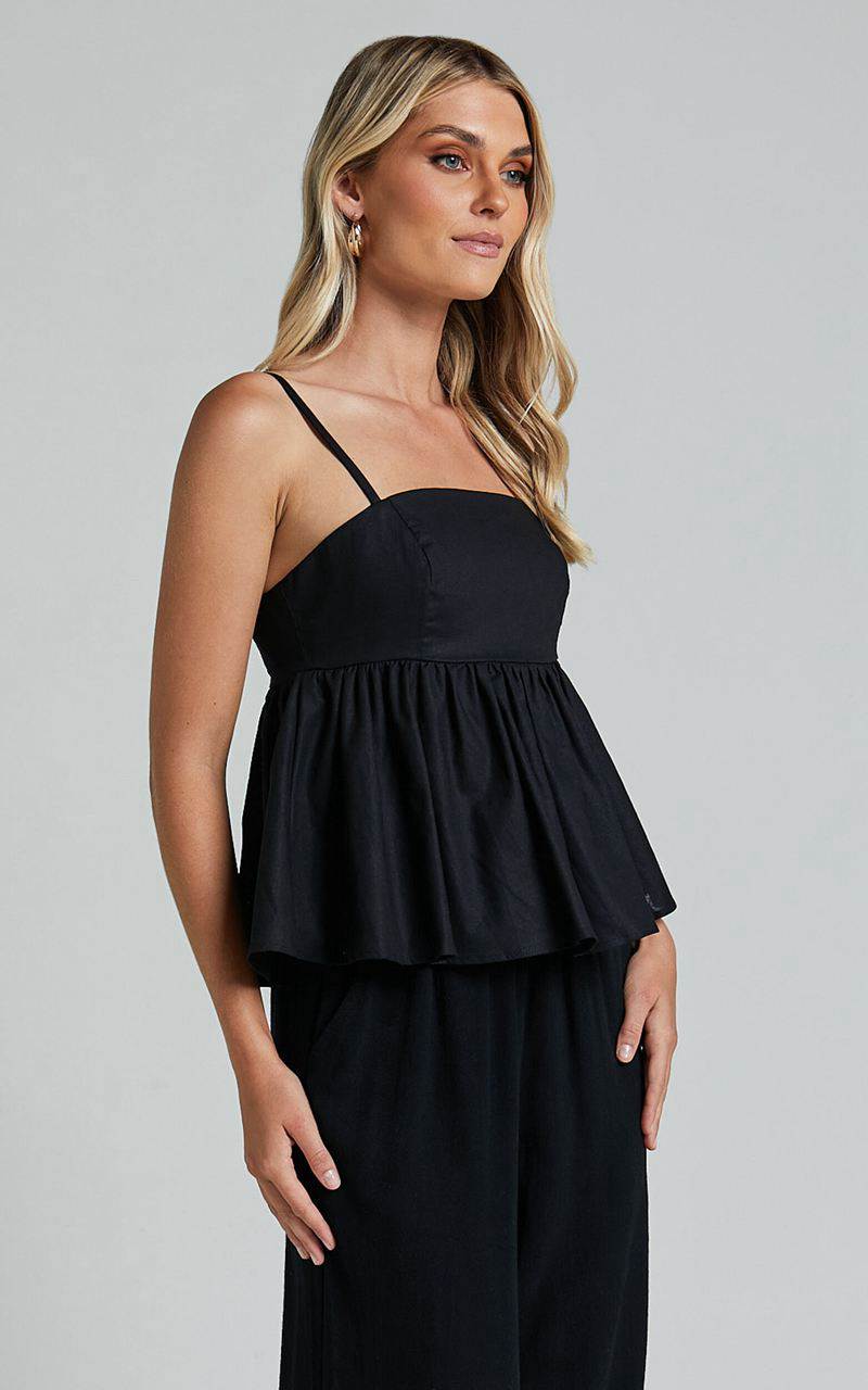 Showpo Vanessa Top - Linen Look Strappy Babydoll Top Black | CTJVEX735