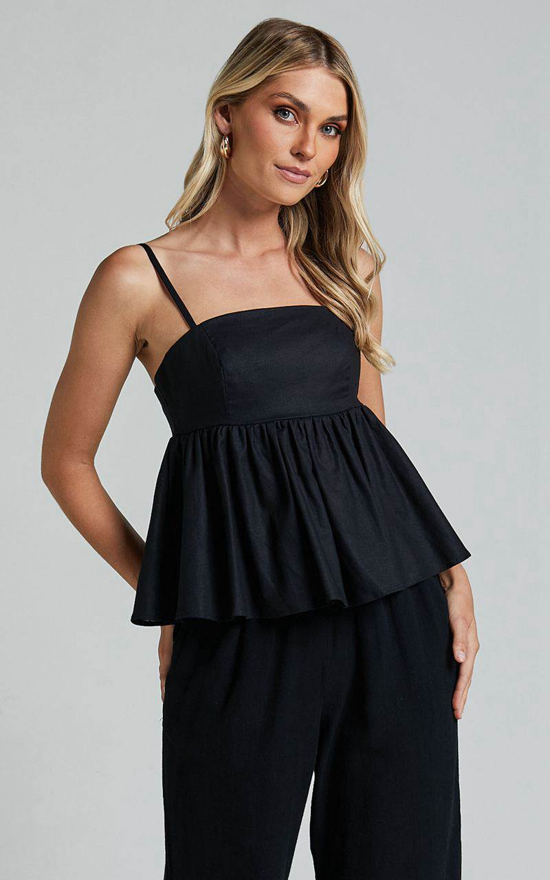 Showpo Vanessa Top - Linen Look Strappy Babydoll Top Black | CTJVEX735