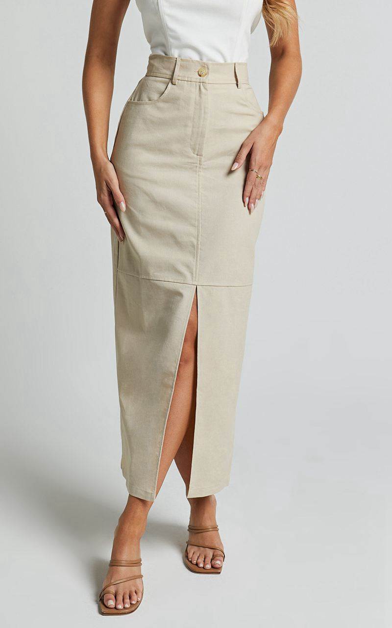 Showpo Vanna Midi Skirt - High Waisted Front Slit Skirt Stone | OYAEQW472