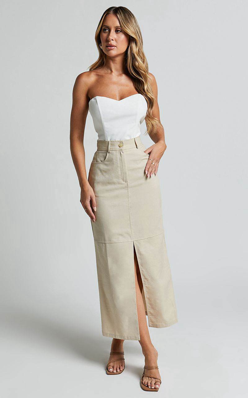 Showpo Vanna Midi Skirt - High Waisted Front Slit Skirt Stone | OYAEQW472