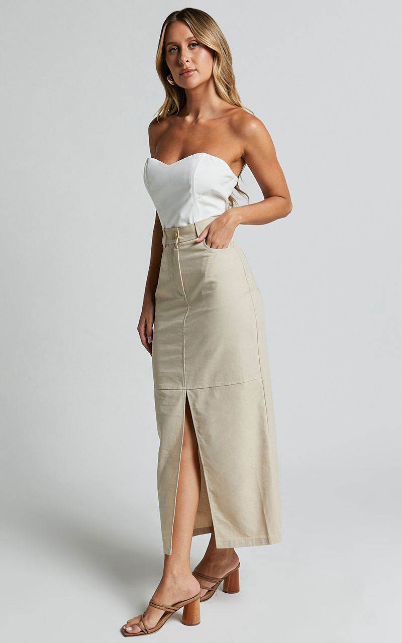 Showpo Vanna Midi Skirt - High Waisted Front Slit Skirt Stone | OYAEQW472