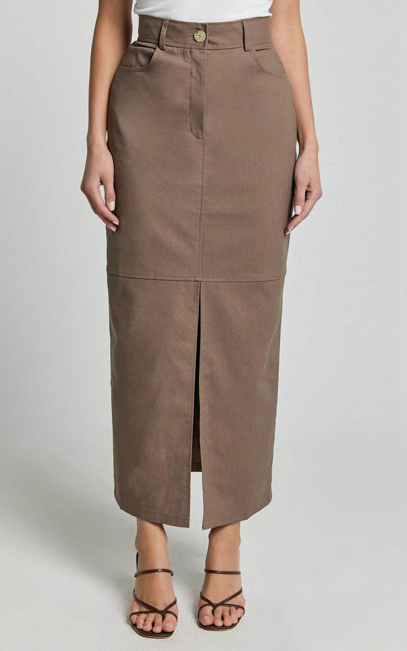 Showpo Vanna Midi Skirt - High Waisted Front Slit Skirt Mocha | LZSKYI953