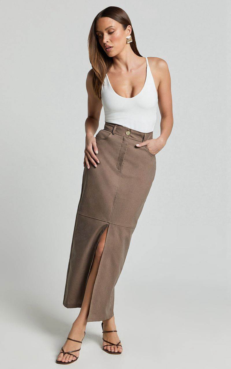 Showpo Vanna Midi Skirt - High Waisted Front Slit Skirt Mocha | LZSKYI953