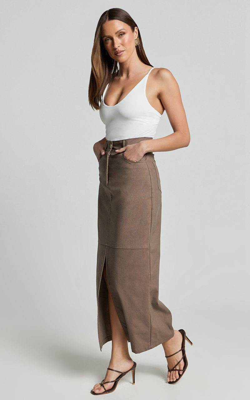 Showpo Vanna Midi Skirt - High Waisted Front Slit Skirt Mocha | LZSKYI953