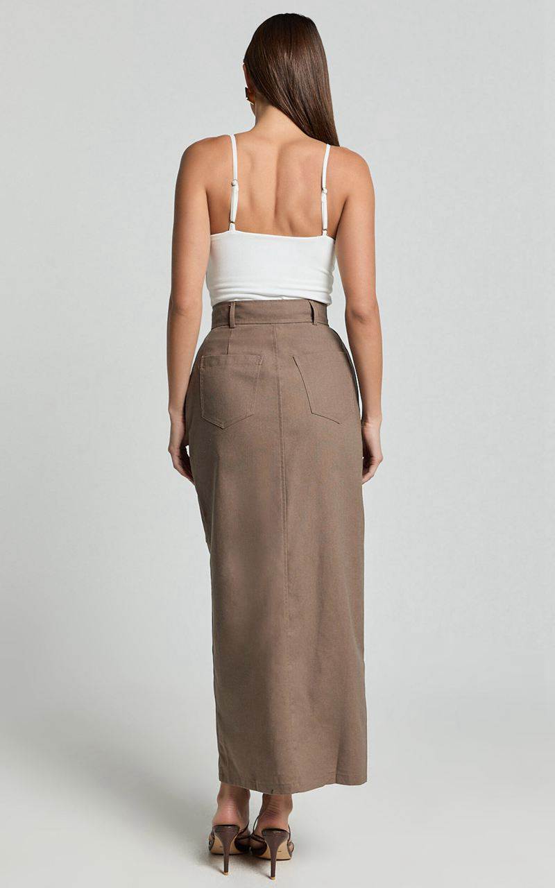 Showpo Vanna Midi Skirt - High Waisted Front Slit Skirt Mocha | LZSKYI953