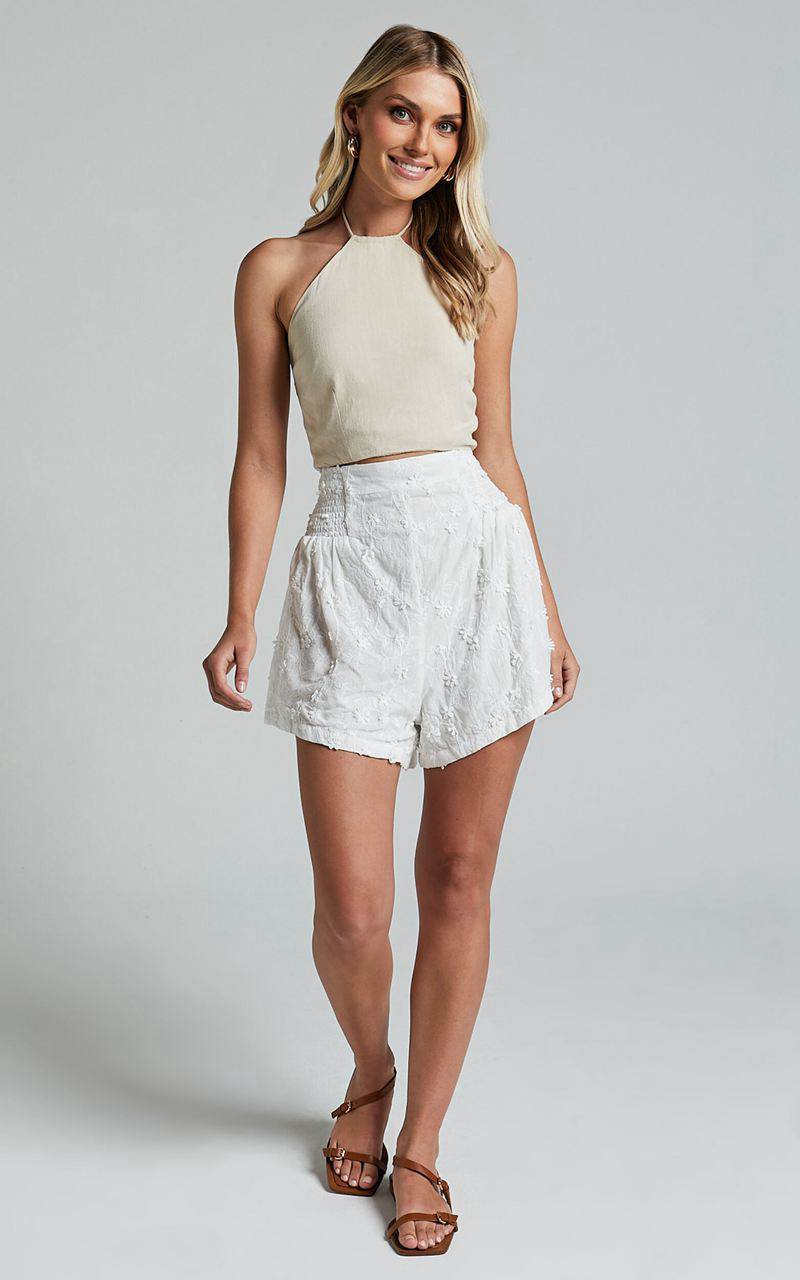 Showpo Vanni Shorts - Flower Embroidered Shirred Waist Short White | WSBKMC210