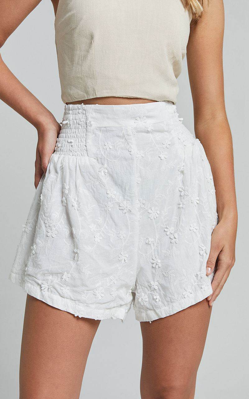 Showpo Vanni Shorts - Flower Embroidered Shirred Waist Short White | WSBKMC210