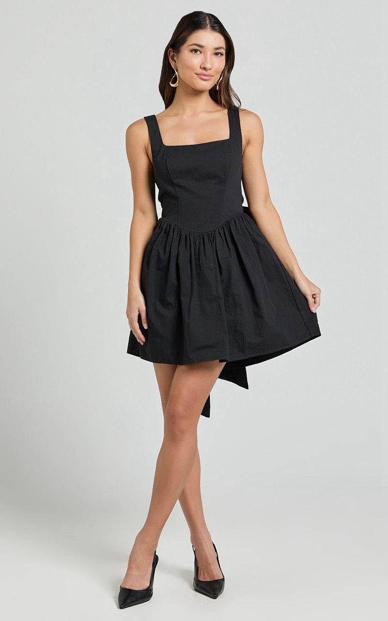 Showpo Vanny Mini Dress - Square Neck Tie Back Dress Black | BMSVAI952