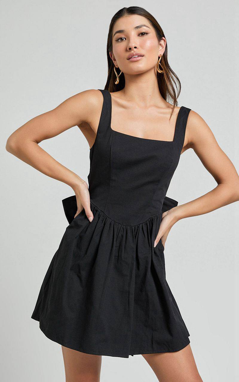 Showpo Vanny Mini Dress - Square Neck Tie Back Dress Black | BMSVAI952