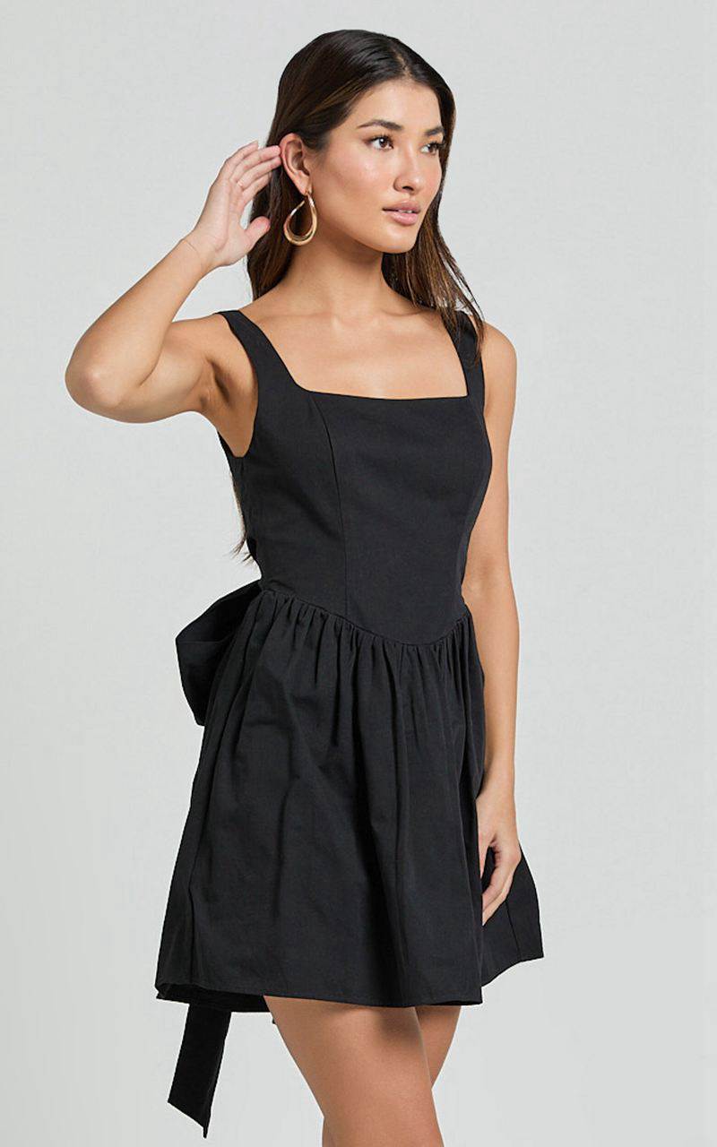 Showpo Vanny Mini Dress - Square Neck Tie Back Dress Black | BMSVAI952