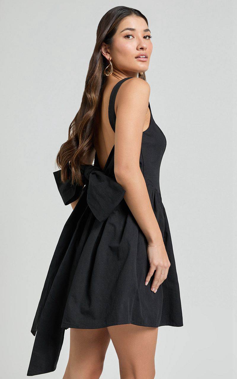 Showpo Vanny Mini Dress - Square Neck Tie Back Dress Black | BMSVAI952