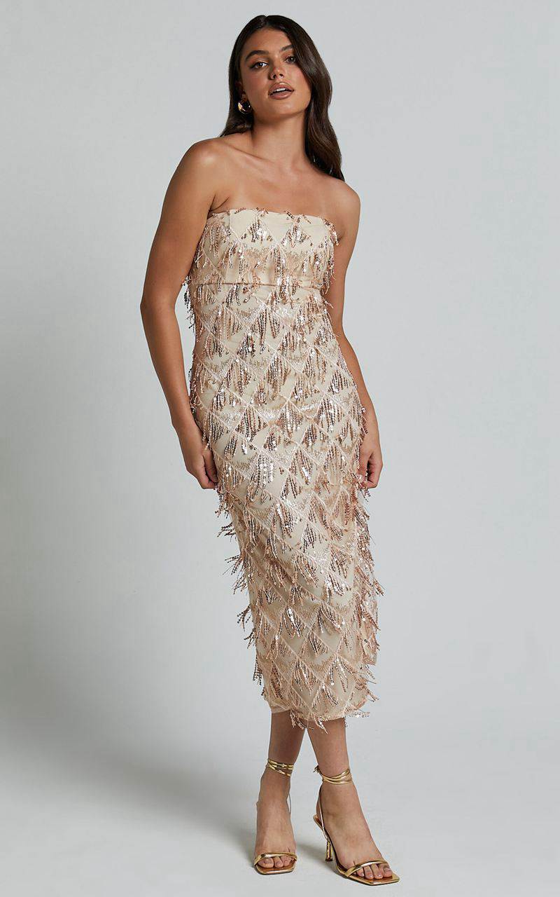 Showpo Variel Midi Dress - Strapless Fringe Sequin Dress Champagne | GJDYBV156