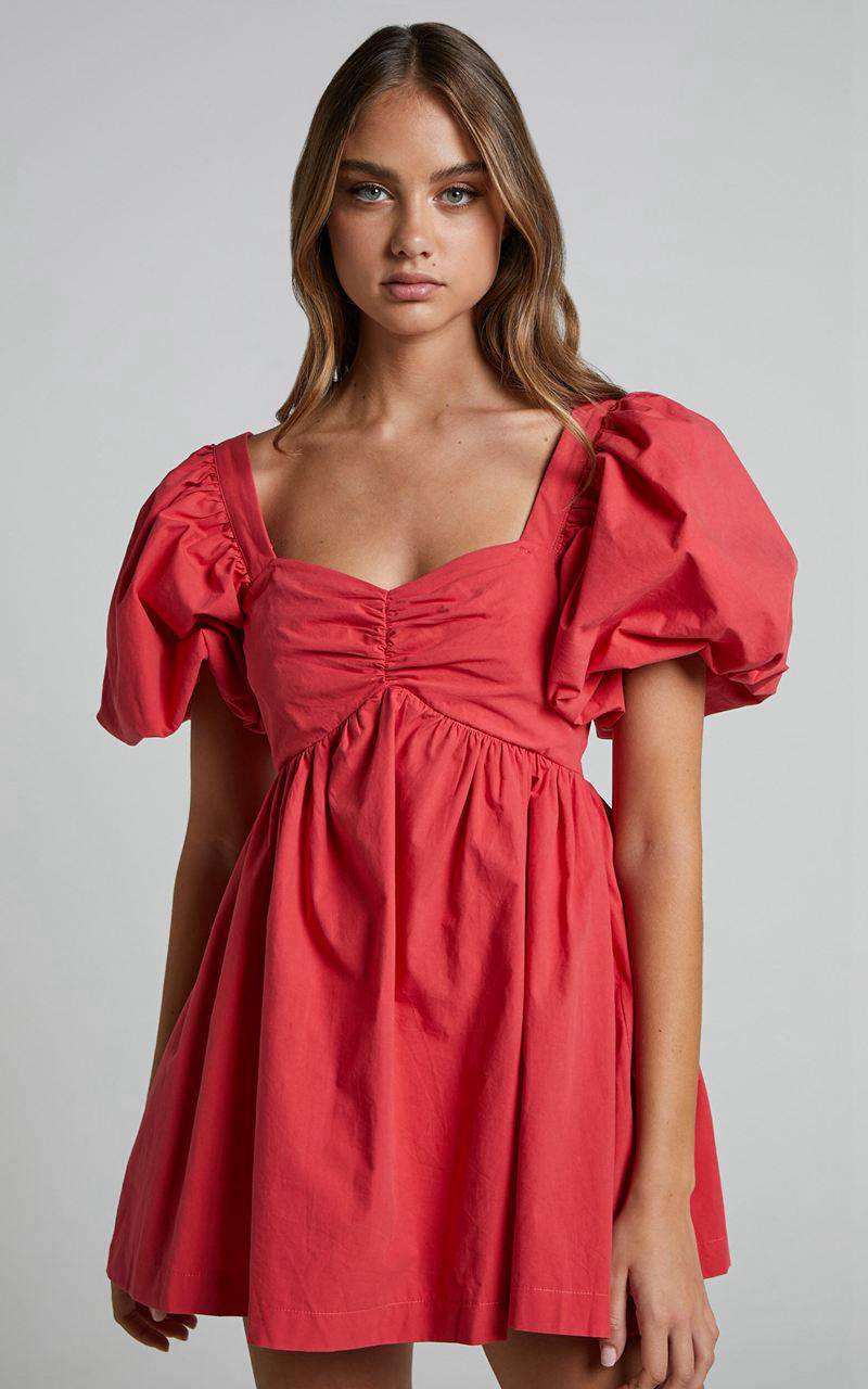 Showpo Vashti Mini Dress - Puff Sleeve Sweetheart Dress Red | POMRAB796