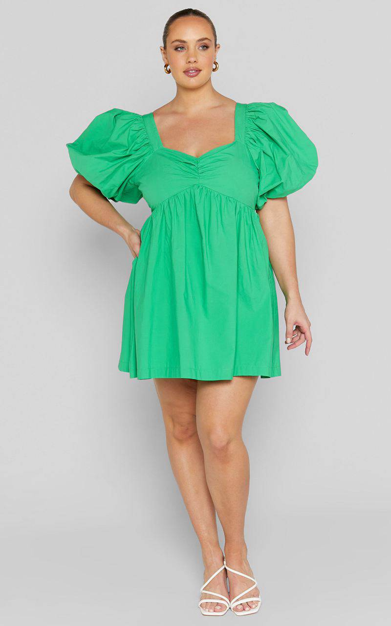 Showpo Vashti Mini Dress - Puff Sleeve Sweetheart Dress Green | UFNEOY371