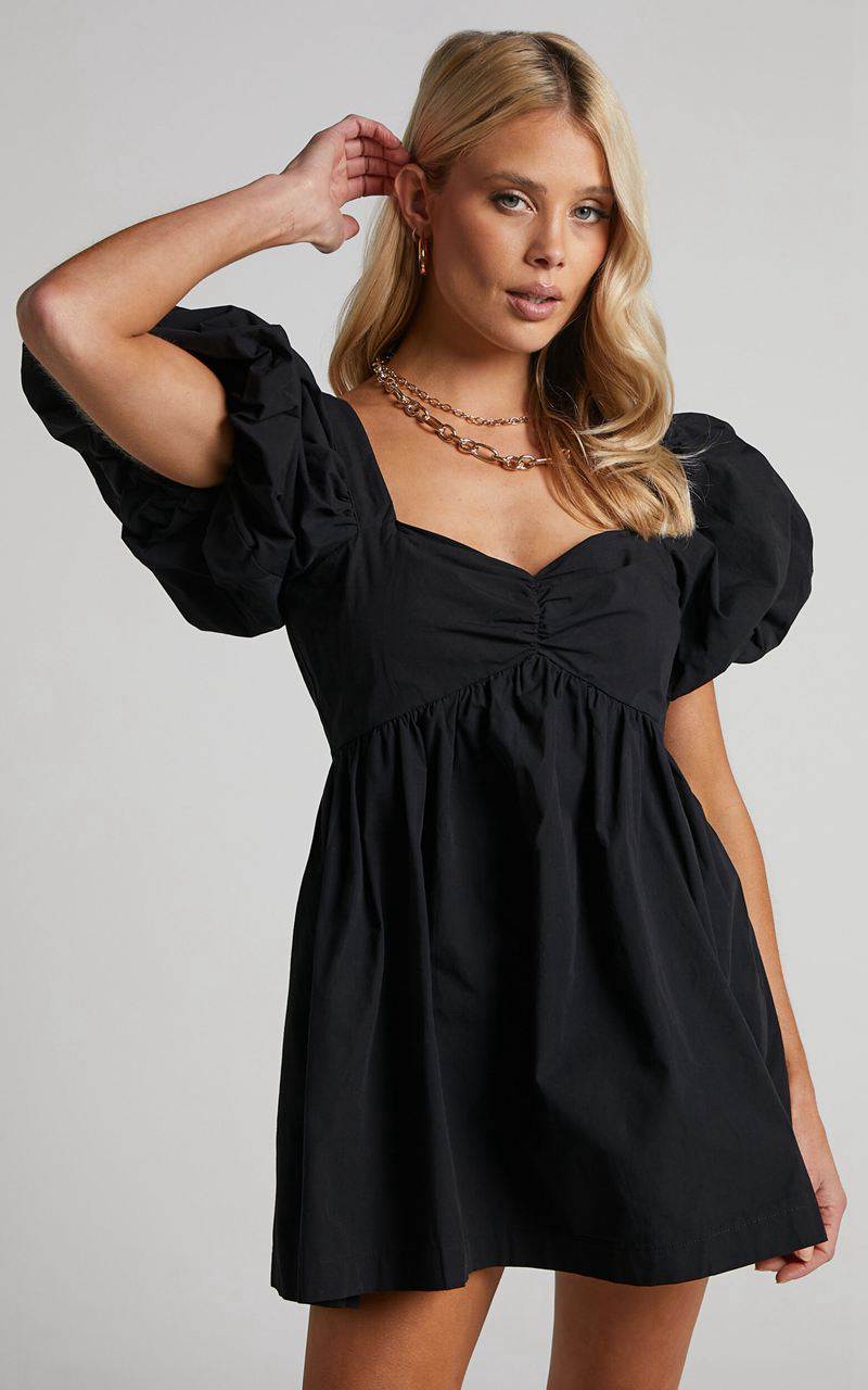 Showpo Vashti Mini Dress - Puff Sleeve Sweetheart Dress Black | AOZJCE081