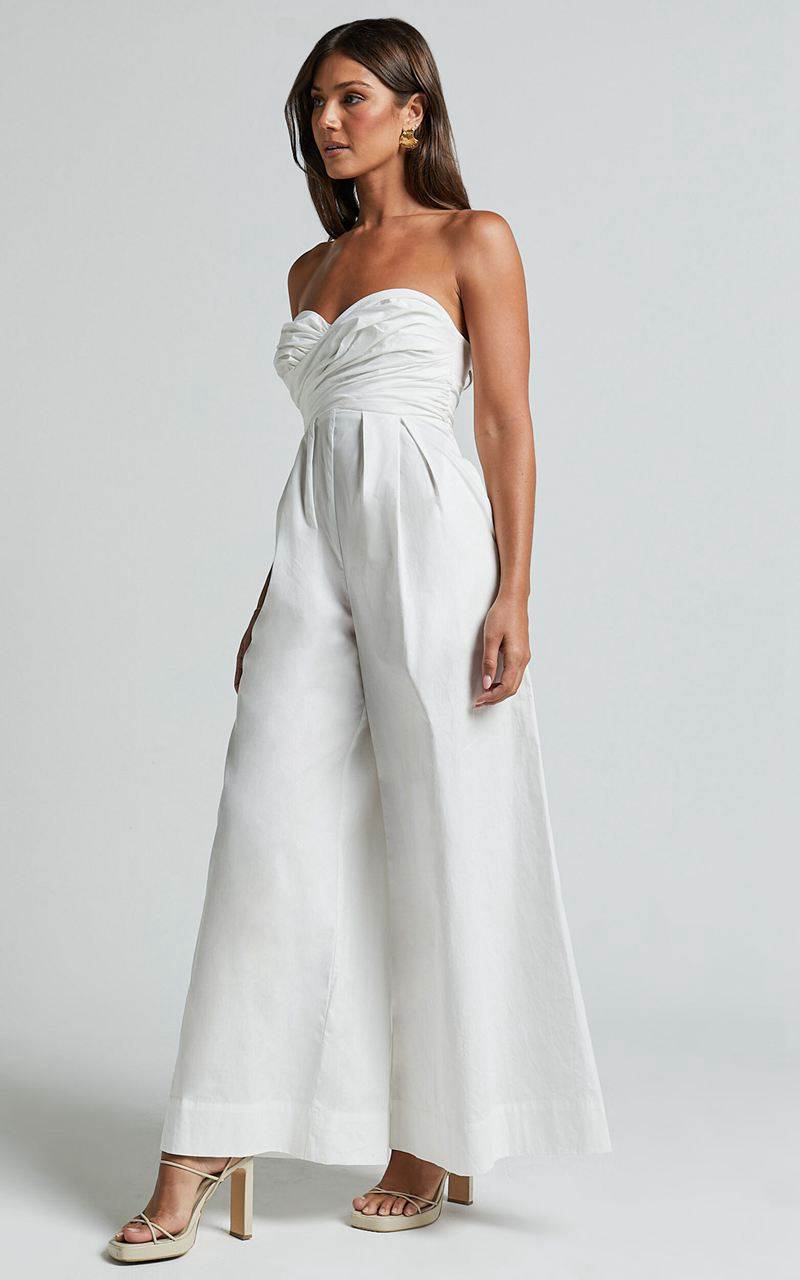 Showpo Velia Jumpsuit - Strapless Ruched Bodice Wide Leg Jumpsuit White | HQGNSZ012