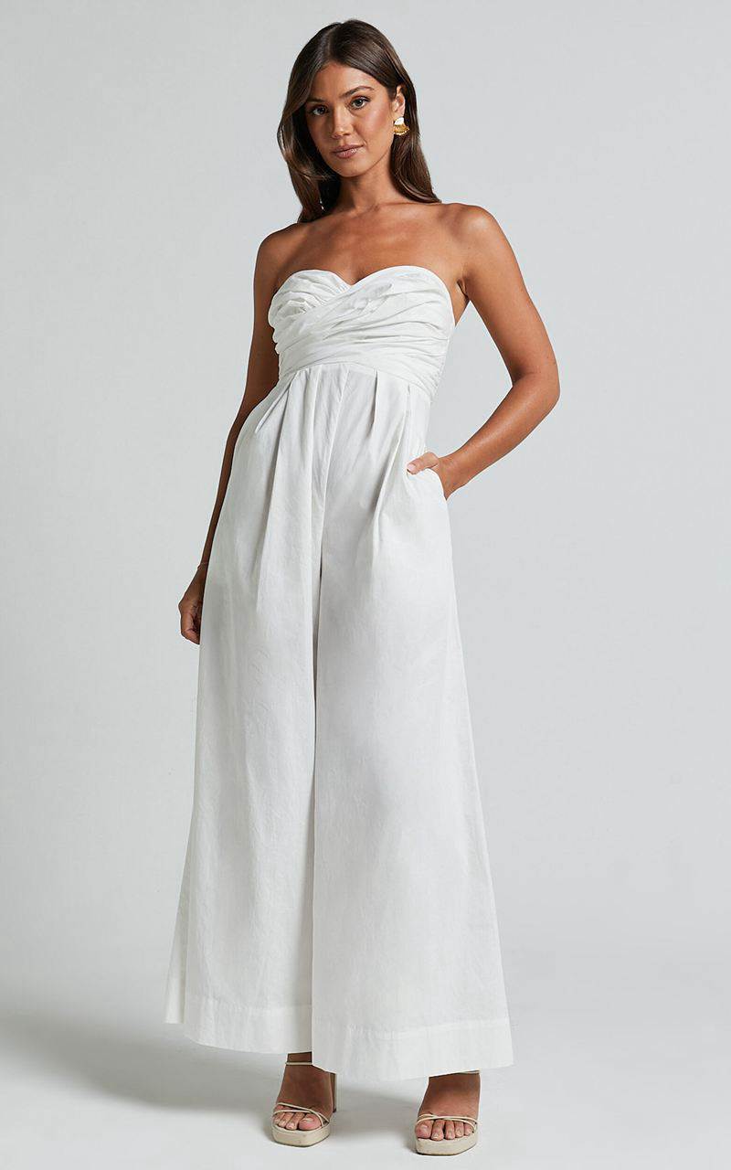 Showpo Velia Jumpsuit - Strapless Ruched Bodice Wide Leg Jumpsuit White | HQGNSZ012