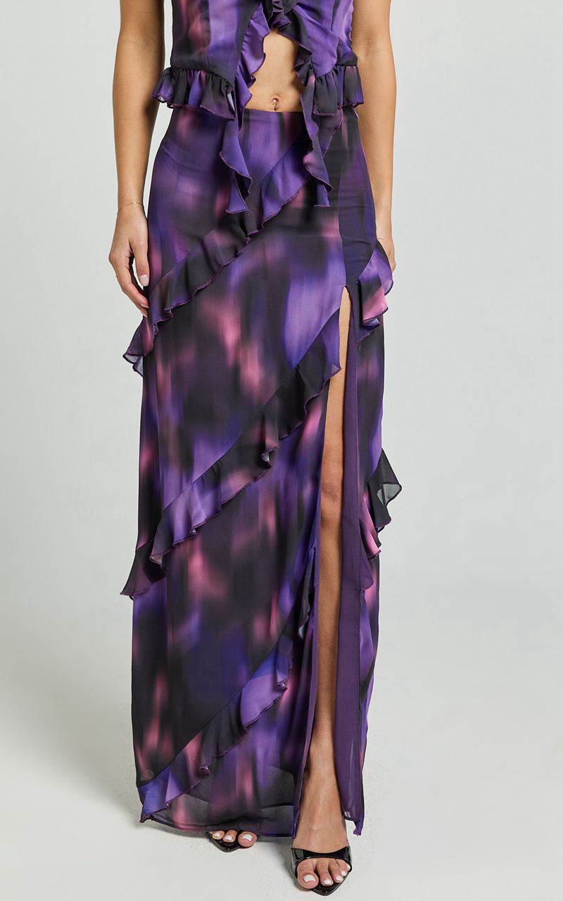 Showpo Velma Maxi Skirt - Recycled Tiered Ruffle Thigh Split Skirt Violet Night Print | RWOUJH206