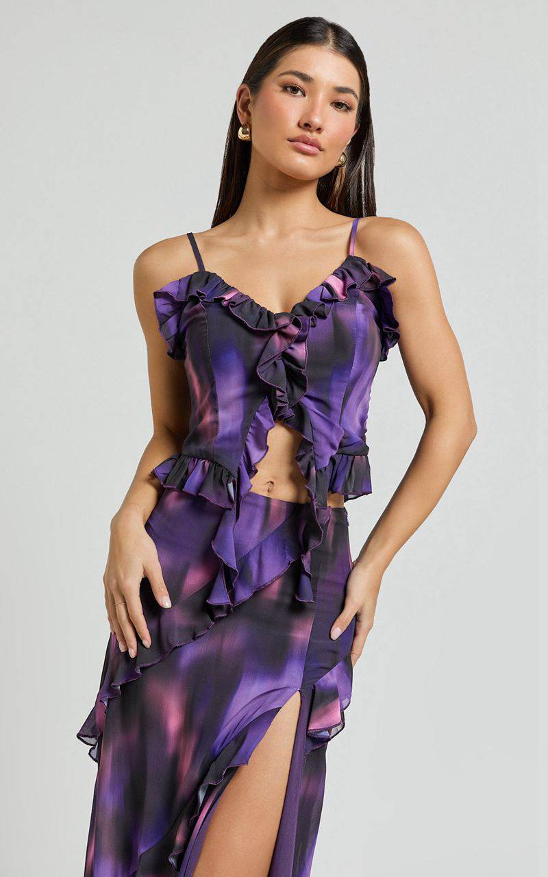 Showpo Velma Top - Recycled Ruffle Detail Blur Print Cami Top Violet Night Print | ATSFKL416