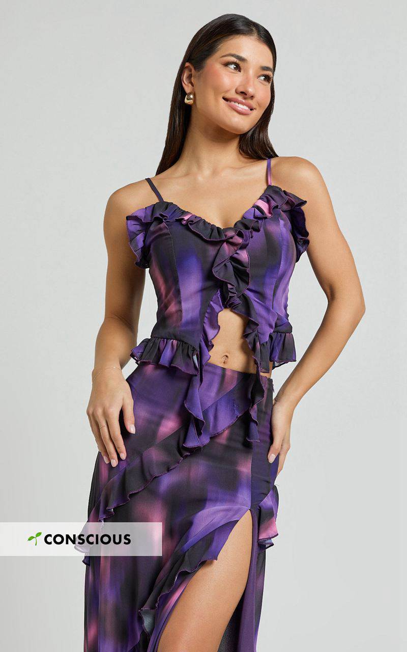 Showpo Velma Top - Recycled Ruffle Detail Blur Print Cami Top Violet Night Print | ATSFKL416