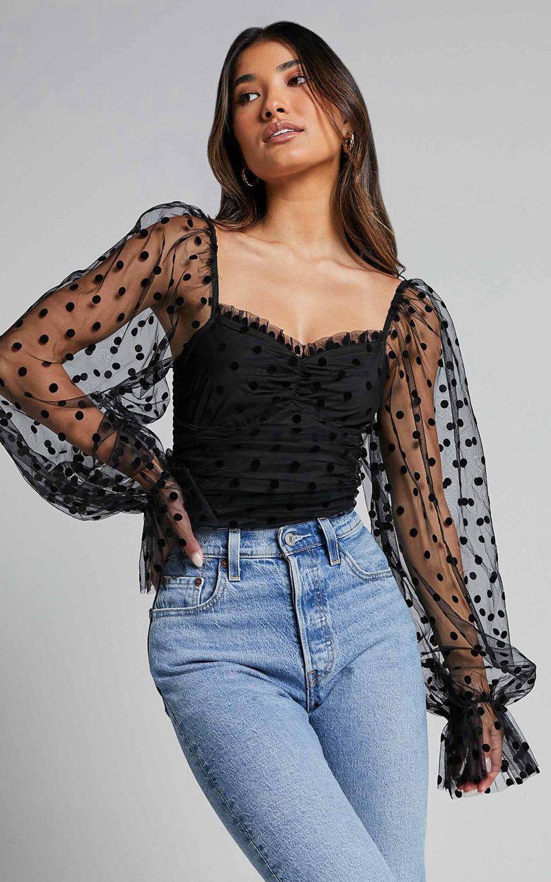 Showpo Venetia Bodysuit - Long Sleeve Spot Mesh Bodysuit Black Spot | WMHDLC319