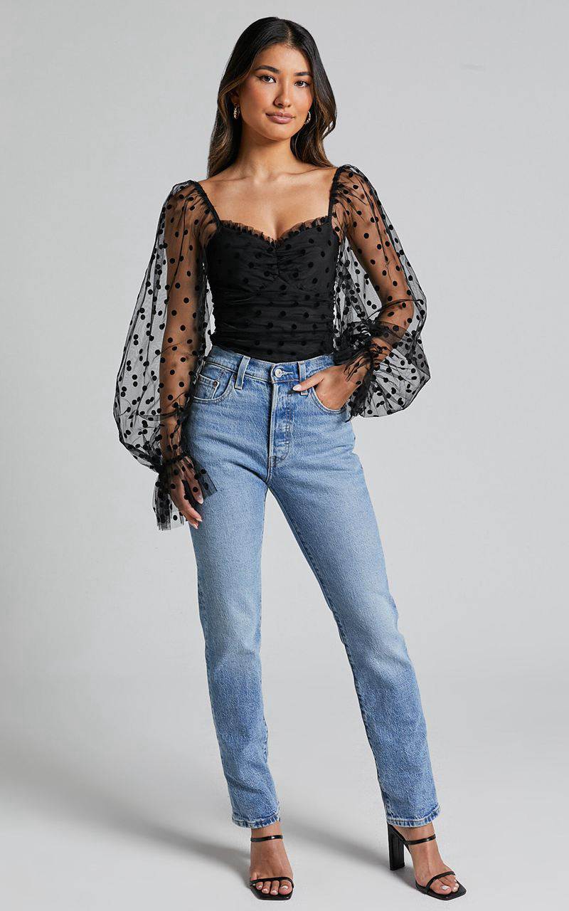 Showpo Venetia Bodysuit - Long Sleeve Spot Mesh Bodysuit Black Spot | WMHDLC319