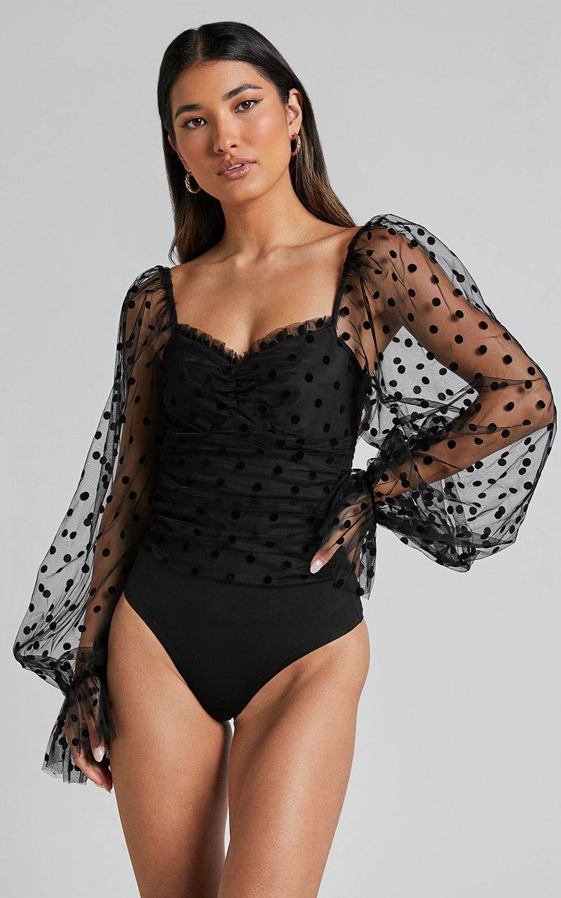 Showpo Venetia Bodysuit - Long Sleeve Spot Mesh Bodysuit Black Spot | WMHDLC319