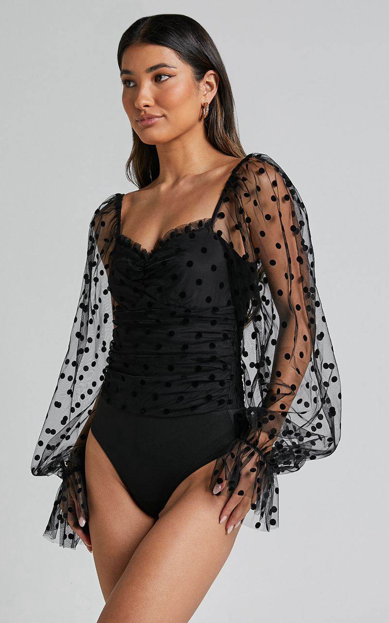 Showpo Venetia Bodysuit - Long Sleeve Spot Mesh Bodysuit Black Spot | WMHDLC319