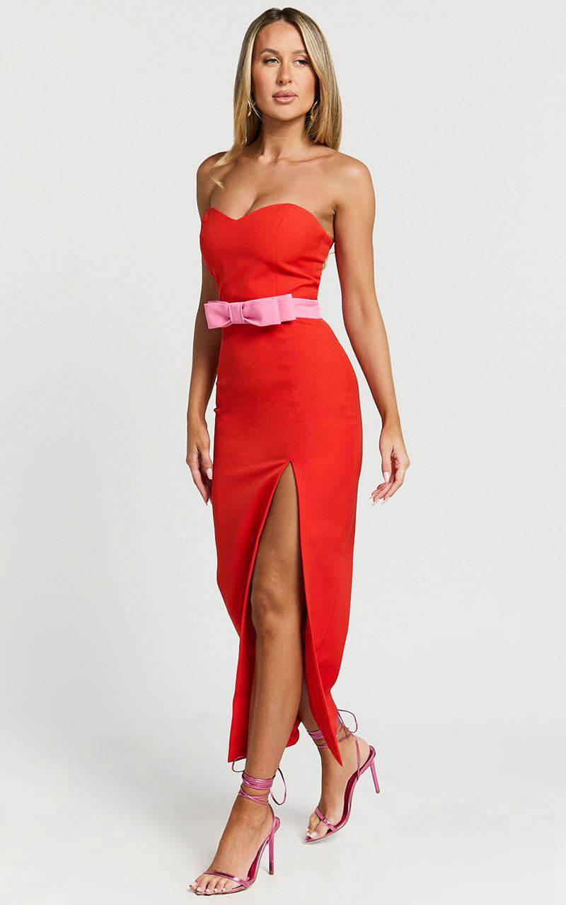 Showpo Veronica Midi Dress - Sweetheart Strapless Bow Detail High Split Dress Red | DMBSRZ867