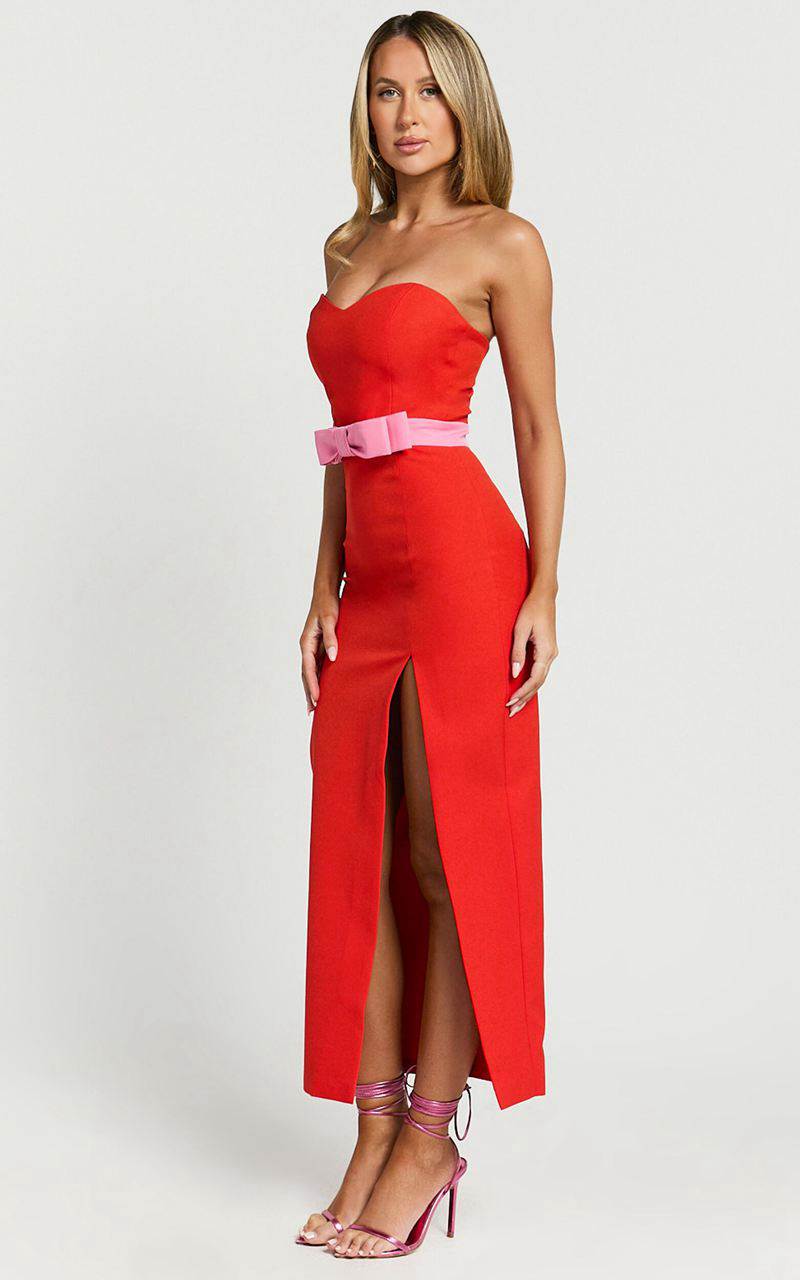 Showpo Veronica Midi Dress - Sweetheart Strapless Bow Detail High Split Dress Red | DMBSRZ867