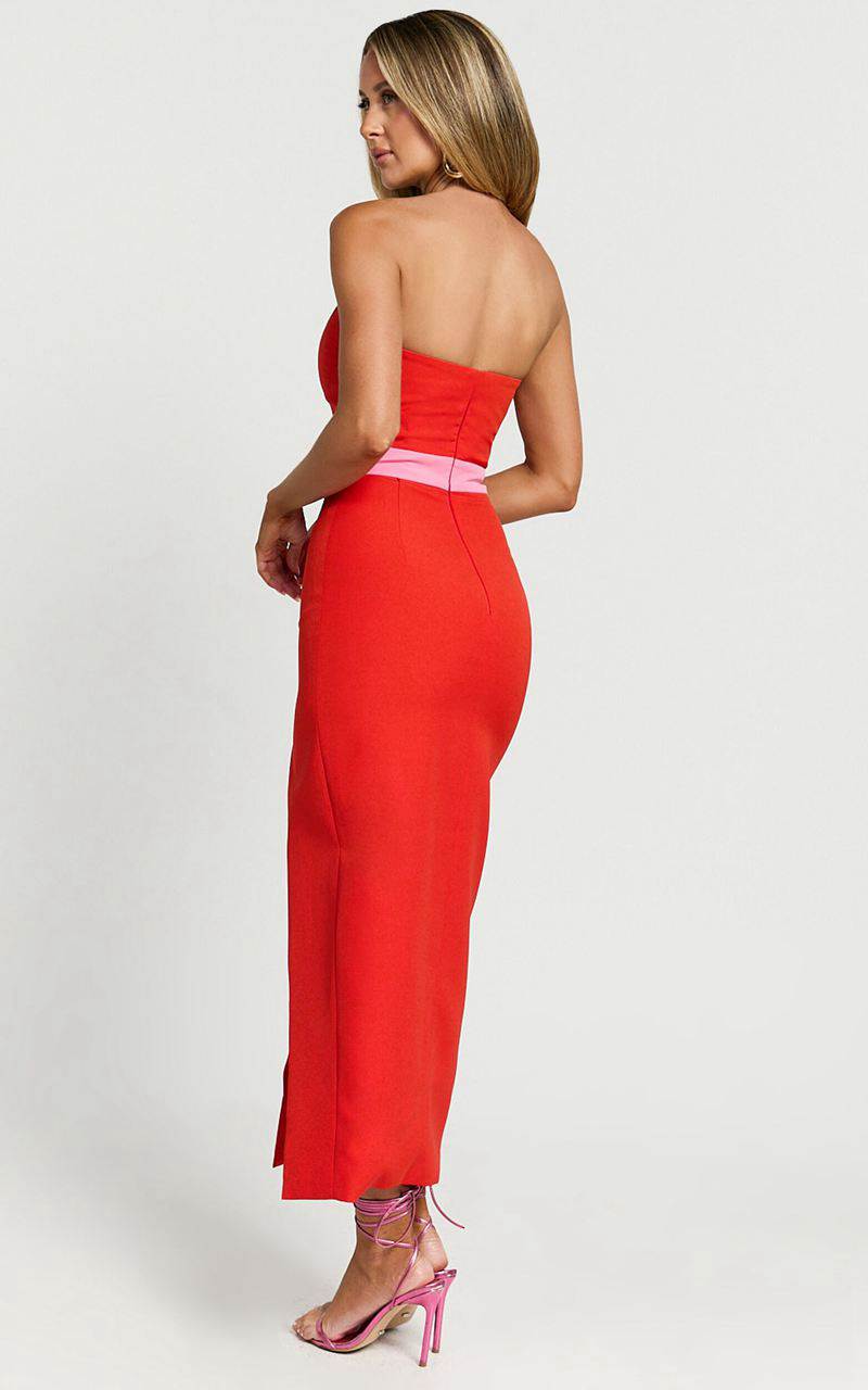 Showpo Veronica Midi Dress - Sweetheart Strapless Bow Detail High Split Dress Red | DMBSRZ867