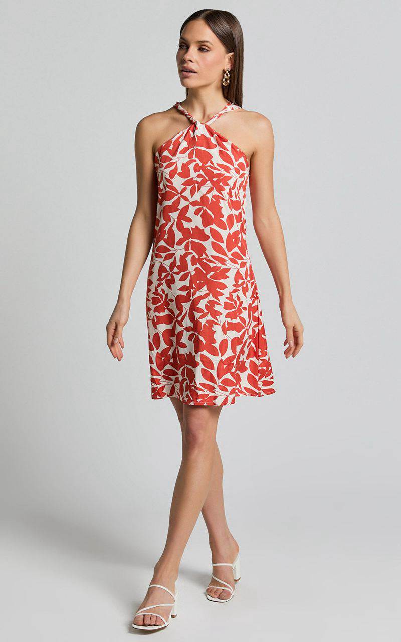 Showpo Vicki Mini Dress - Halter Neck A Line Dress Red Leaf Print | TFAXVS215