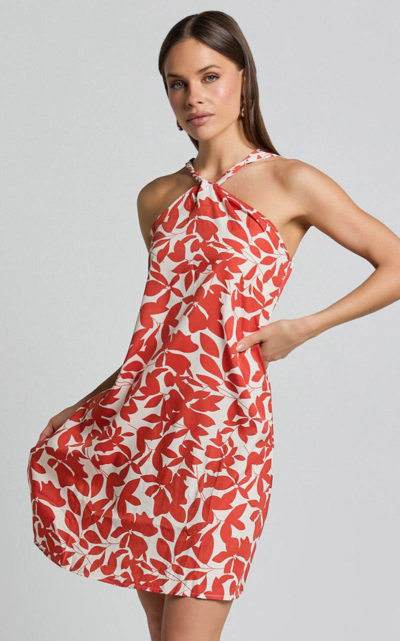 Showpo Vicki Mini Dress - Halter Neck A Line Dress Red Leaf Print | TFAXVS215