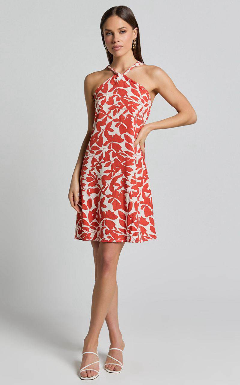 Showpo Vicki Mini Dress - Halter Neck A Line Dress Red Leaf Print | TFAXVS215